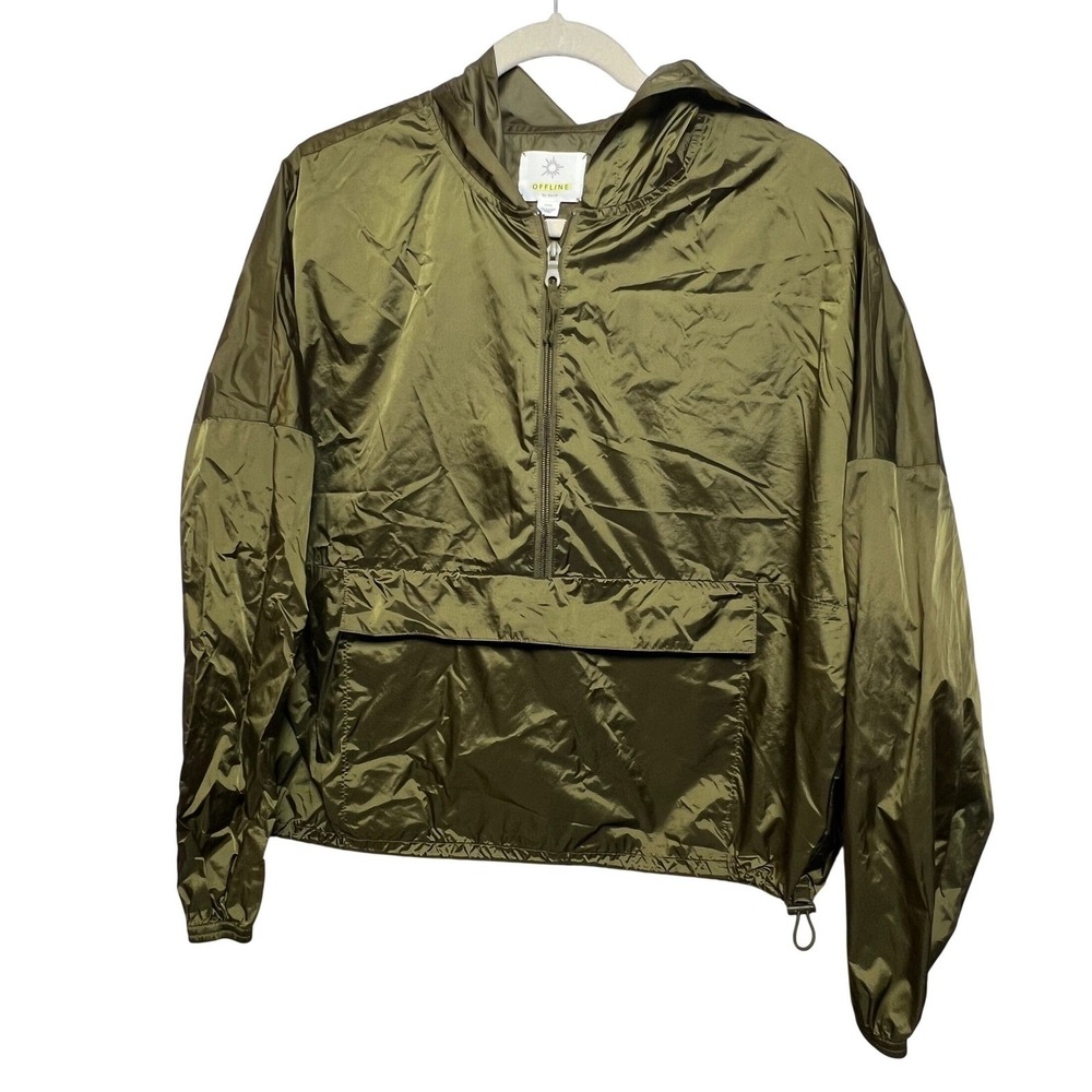 OFFLINE by Aerie Womens Windbreaker Half Zip Anorak S Olive Green Hooded Jacket